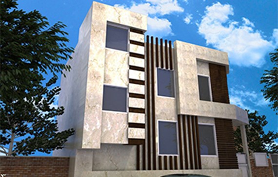 طراحی نمای کارخانه سنگ قم با چوب ترموود