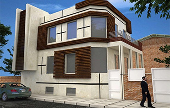 طراحی نمای کارخانه سنگ قم با چوب ترموود