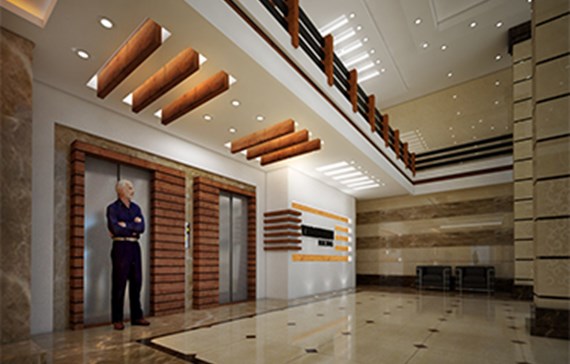 طراحی لابی با شیشه فریم لس و سمنت برد