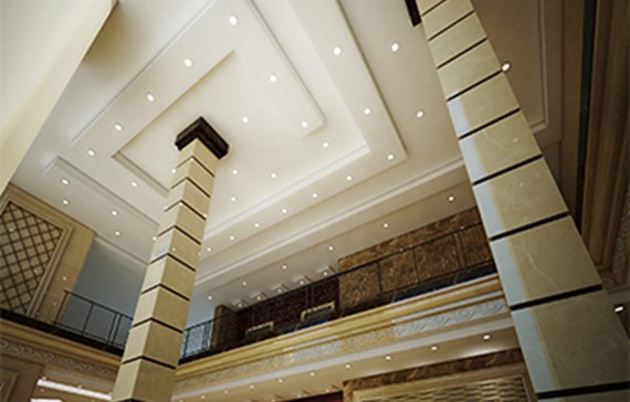 طراحی لابی با شیشه فریم لس و سمنت برد