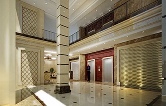 طراحی لابی با شیشه فریم لس و سمنت برد