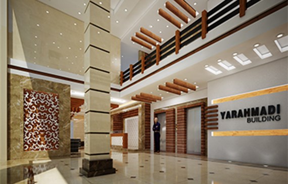 طراحی لابی با شیشه فریم لس و سمنت برد