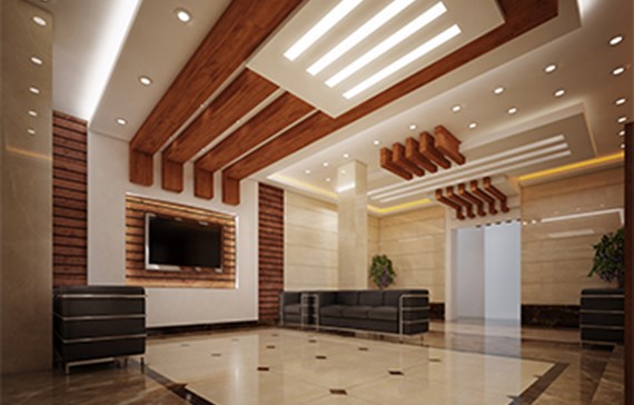 طراحی لابی با شیشه فریم لس و سمنت برد