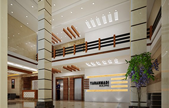 طراحی لابی با شیشه فریم لس و سمنت برد