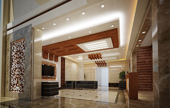 طراحی لابی با شیشه فریم لس و سمنت برد