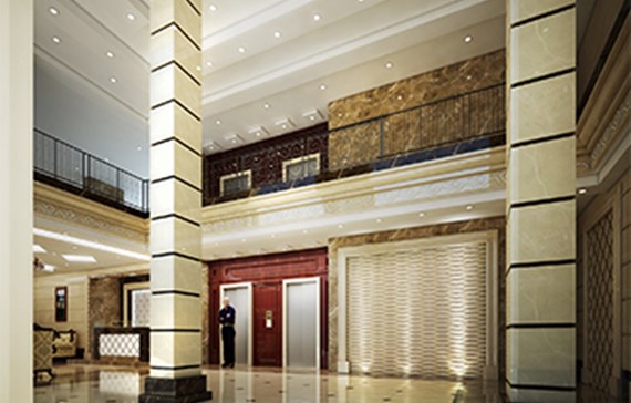 طراحی لابی با شیشه فریم لس و سمنت برد